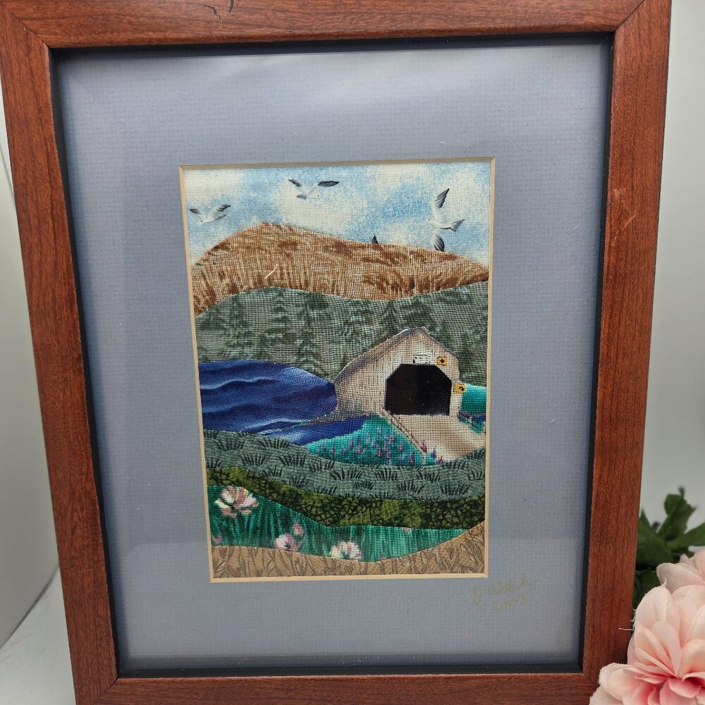Fabric Art Covered Bridge Framed and Matted Textile Landscape Mixed Media
